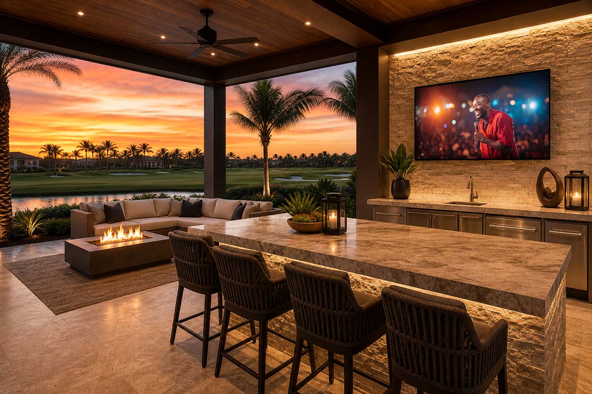 Outdoor mounted TV and hidden landscape speakers in Orlando Florida