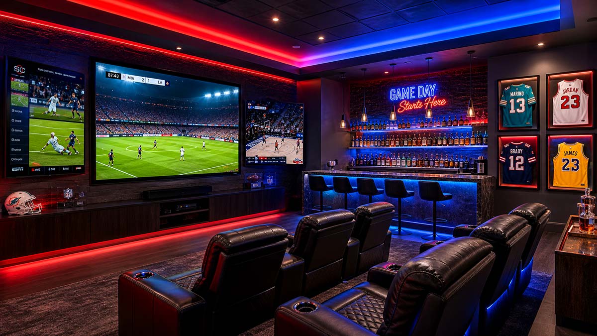 Man Caves for sports fans with split screens and whiskey bar