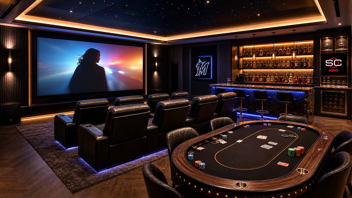 Man cave with big movie screen and poker table