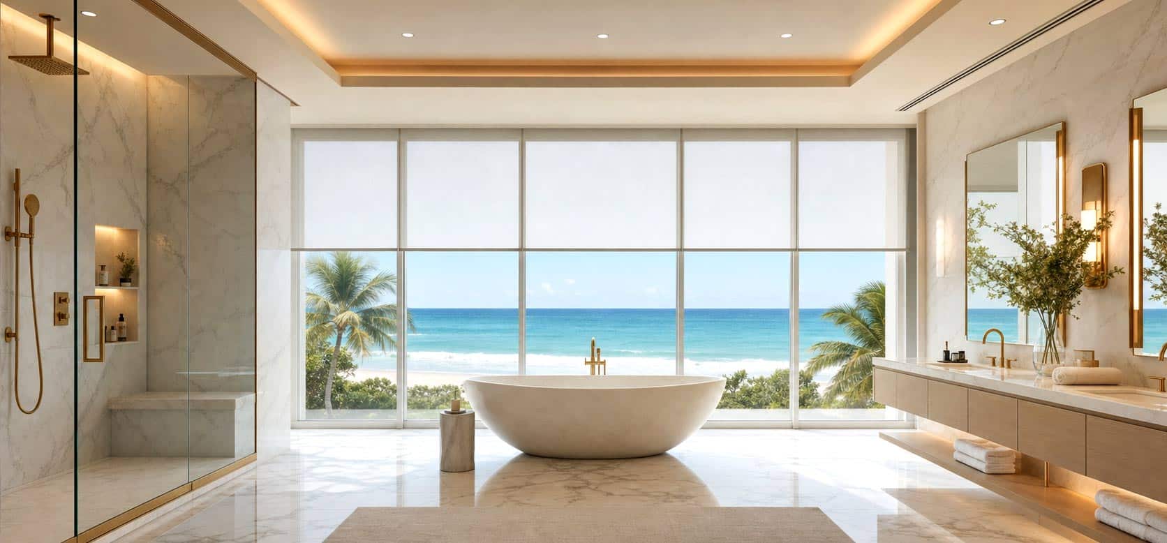 automatic Lutron sheer window shades for bathrooms