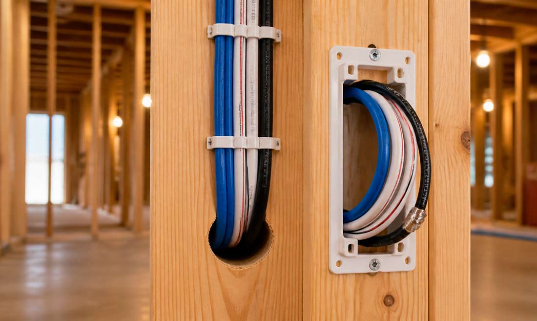 Cat6A and speaker wire neatly bundled through wall studs