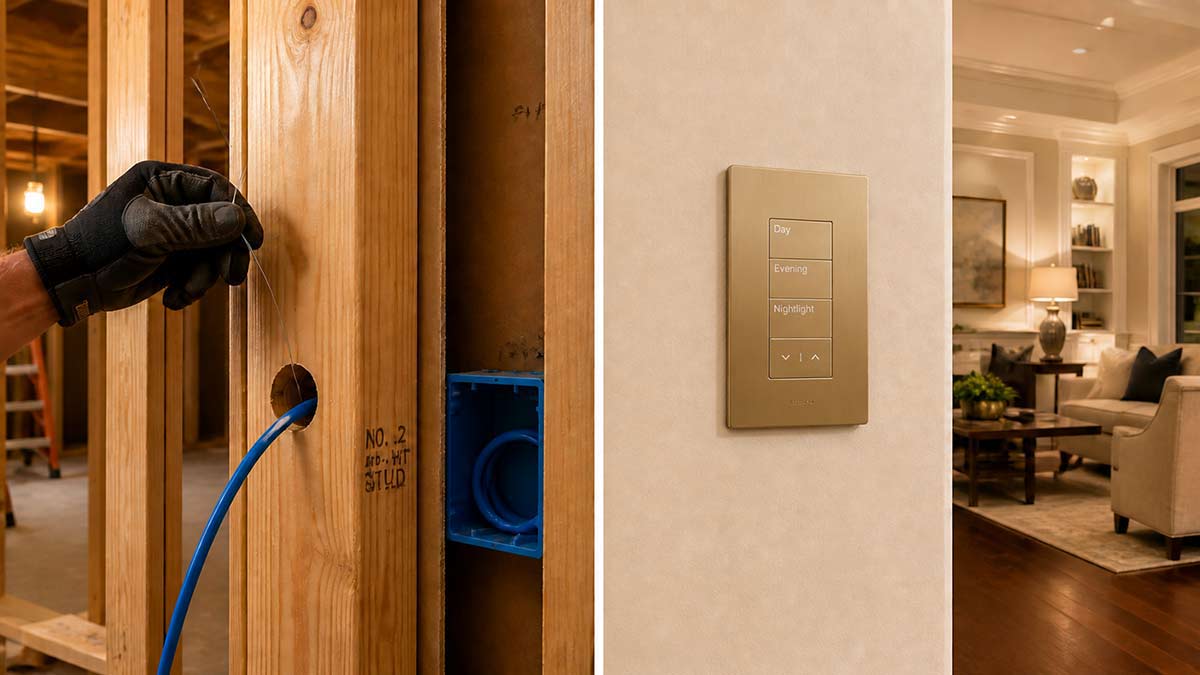 Lutron Palladiom champagne gold keypad in finished luxury room