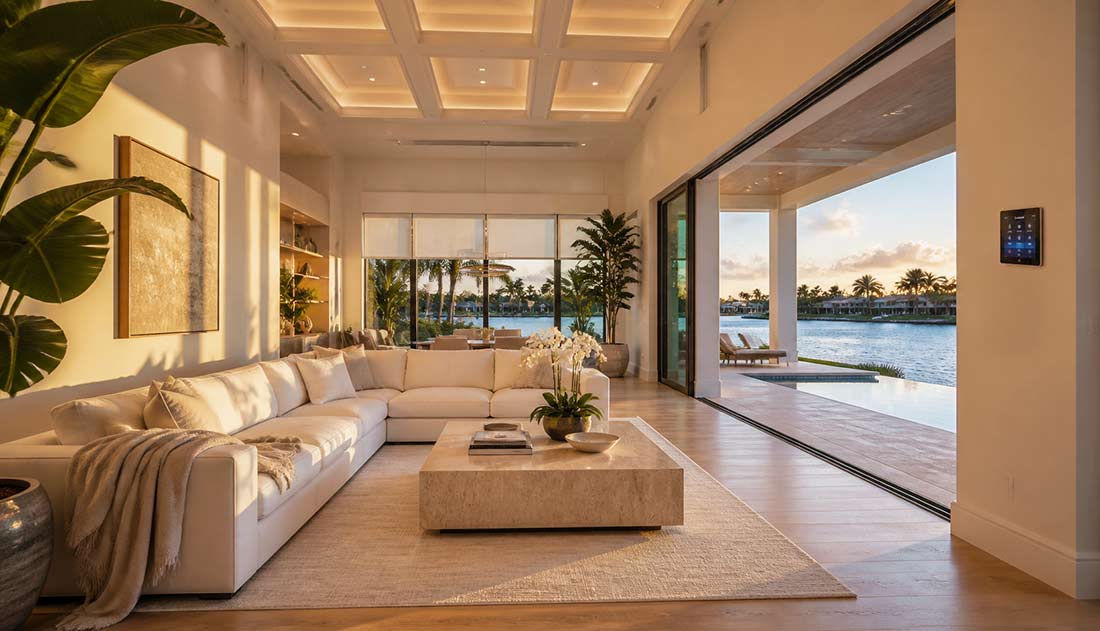 Southeast Florida waterfront luxury home with Lutron lighting, motorized shades, and a wall-mounted control touchpad