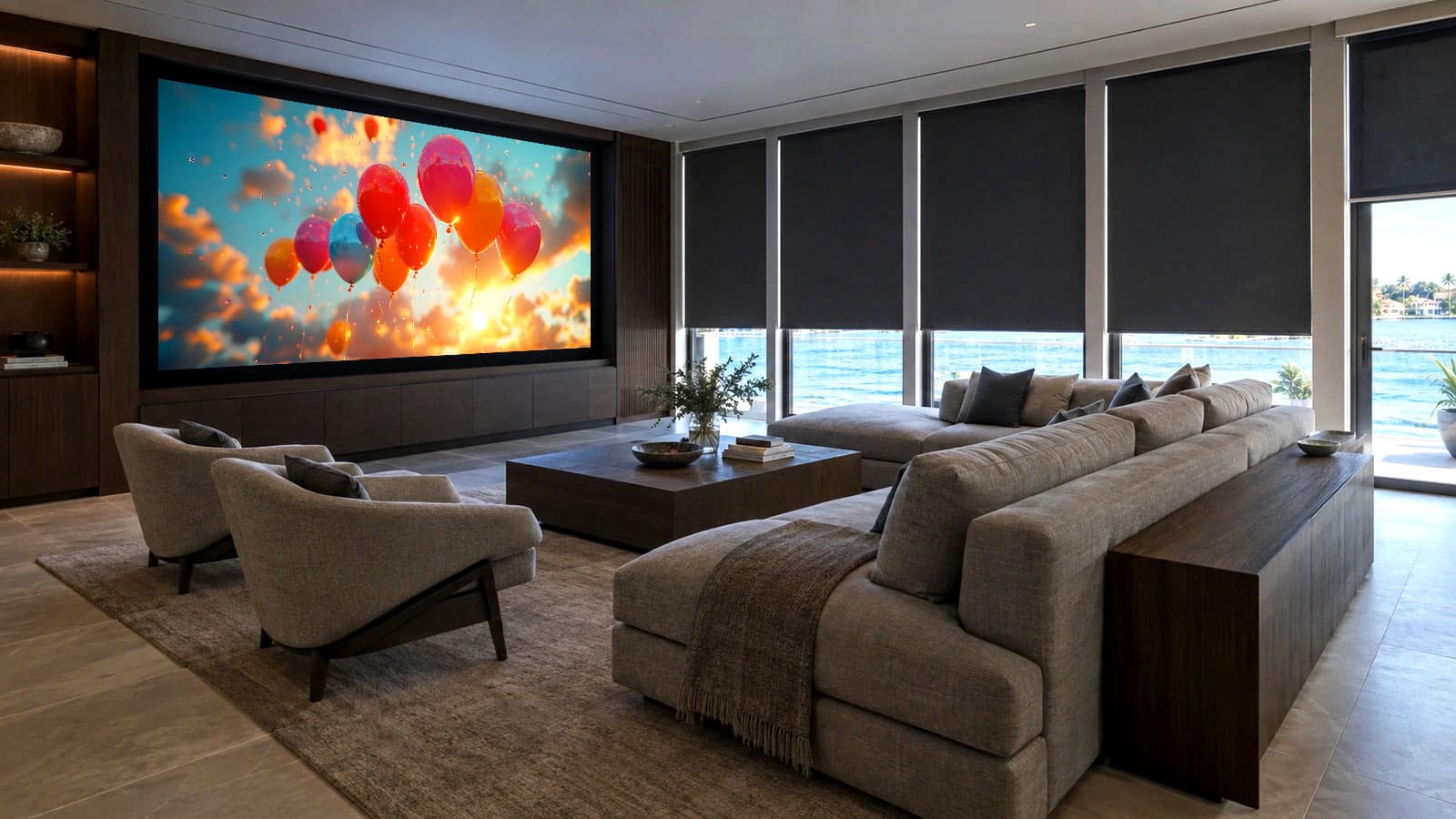 Barco Home Projector and large movie screen in a living-room in Boca Raton Barco Home Projector and large movie screen in a living-room in Boca Raton
