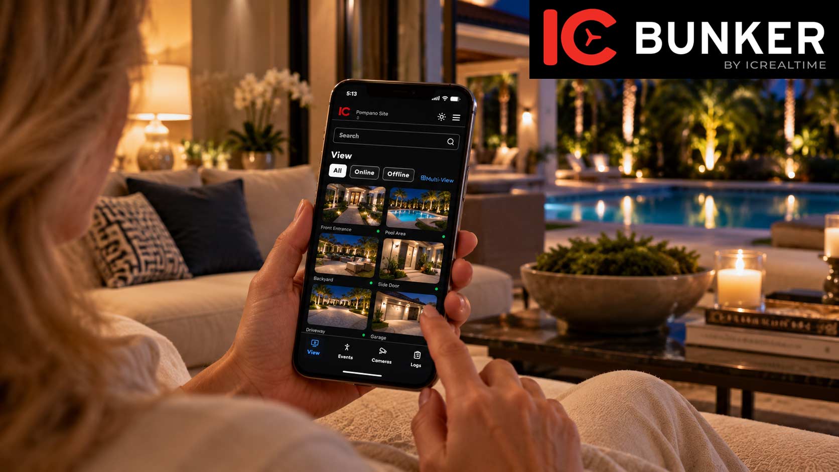 Woman using the IC Bunker Home Security app in her Florida home Woman using the IC Bunker Home Security app in her Florida home